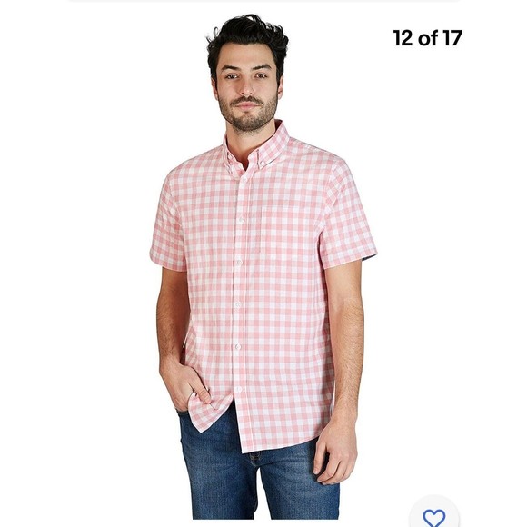 Lee Men's Short Sleeve Pink Gingham Plaid Button Up Shirt, Regular Fit-XL - Picture 1 of 13